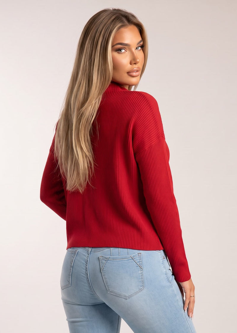Mock Neck Long Sleeve Hacci Ribbed Sweater Top Red