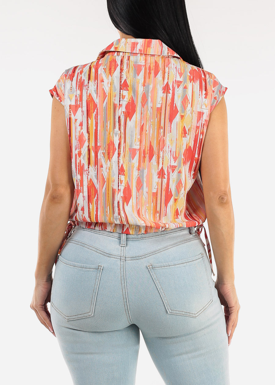 Drawstring Bubble Hem Abstract Button up Shirt Orange