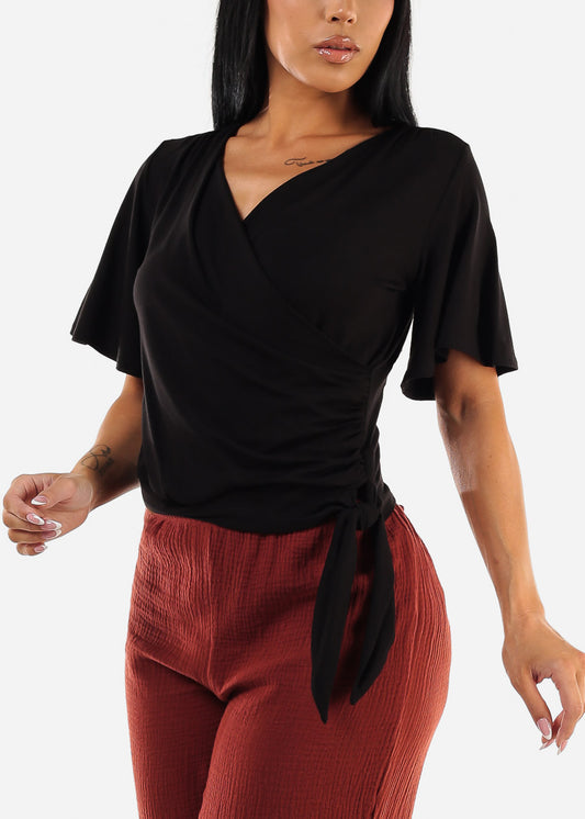 Black Short Sleeve Surplice Blouse