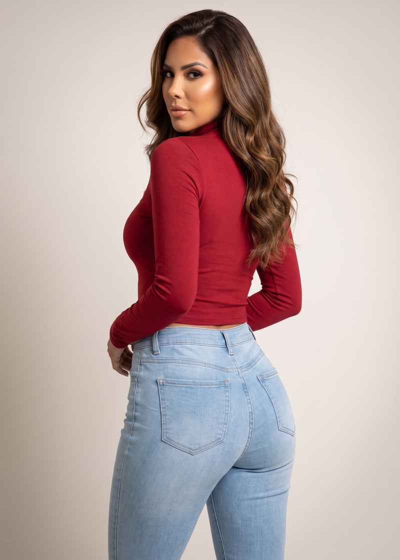 Long Sleeve Mock Neck Stretch Crop Top Red