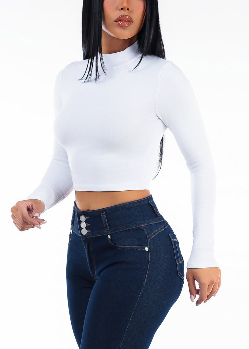 Long Sleeve Mock Neck Stretch Crop Top White