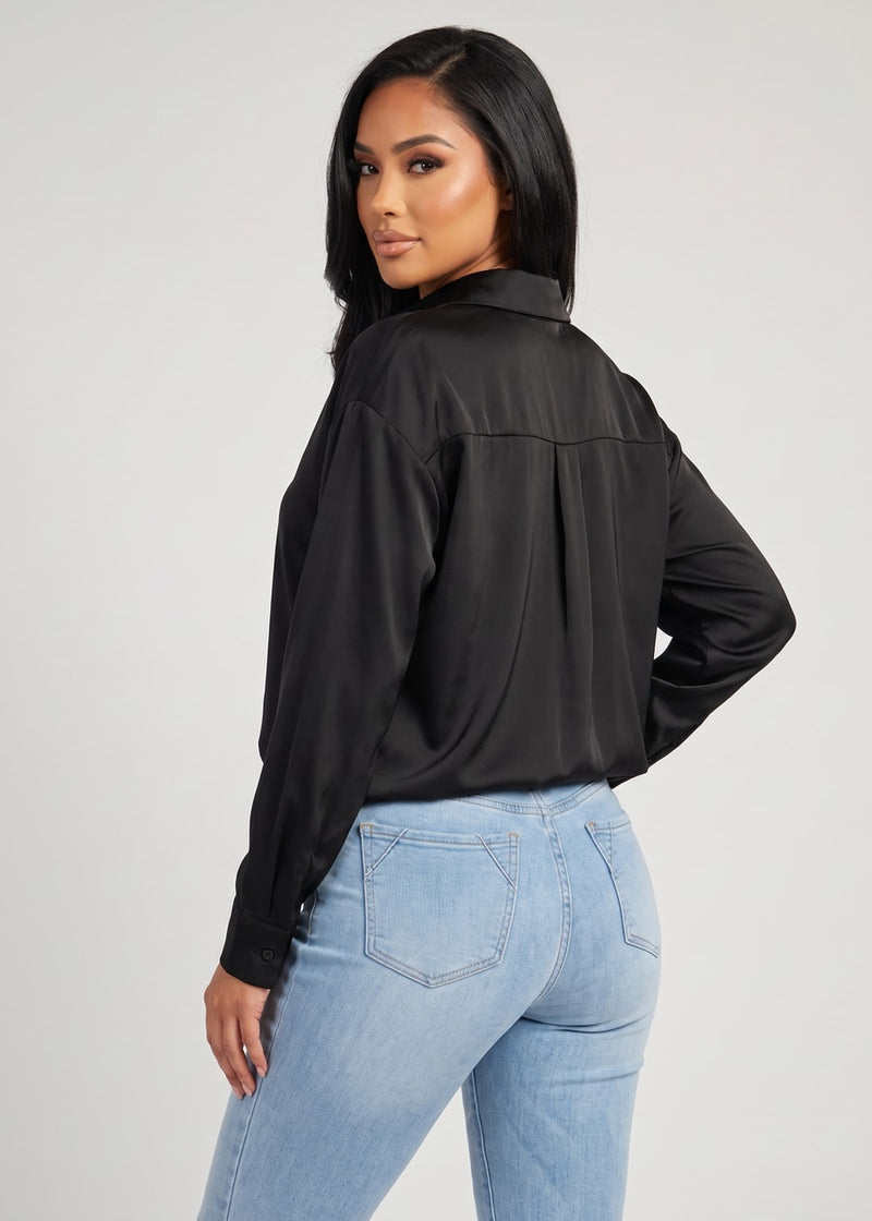 Satin Long Sleeve Button Up Collared Blouse Black