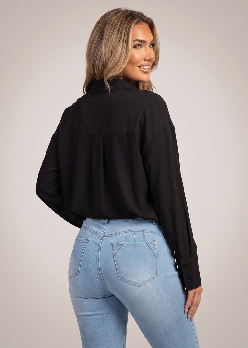 Long Sleeve Button Up Stretch Collared Blouse Black