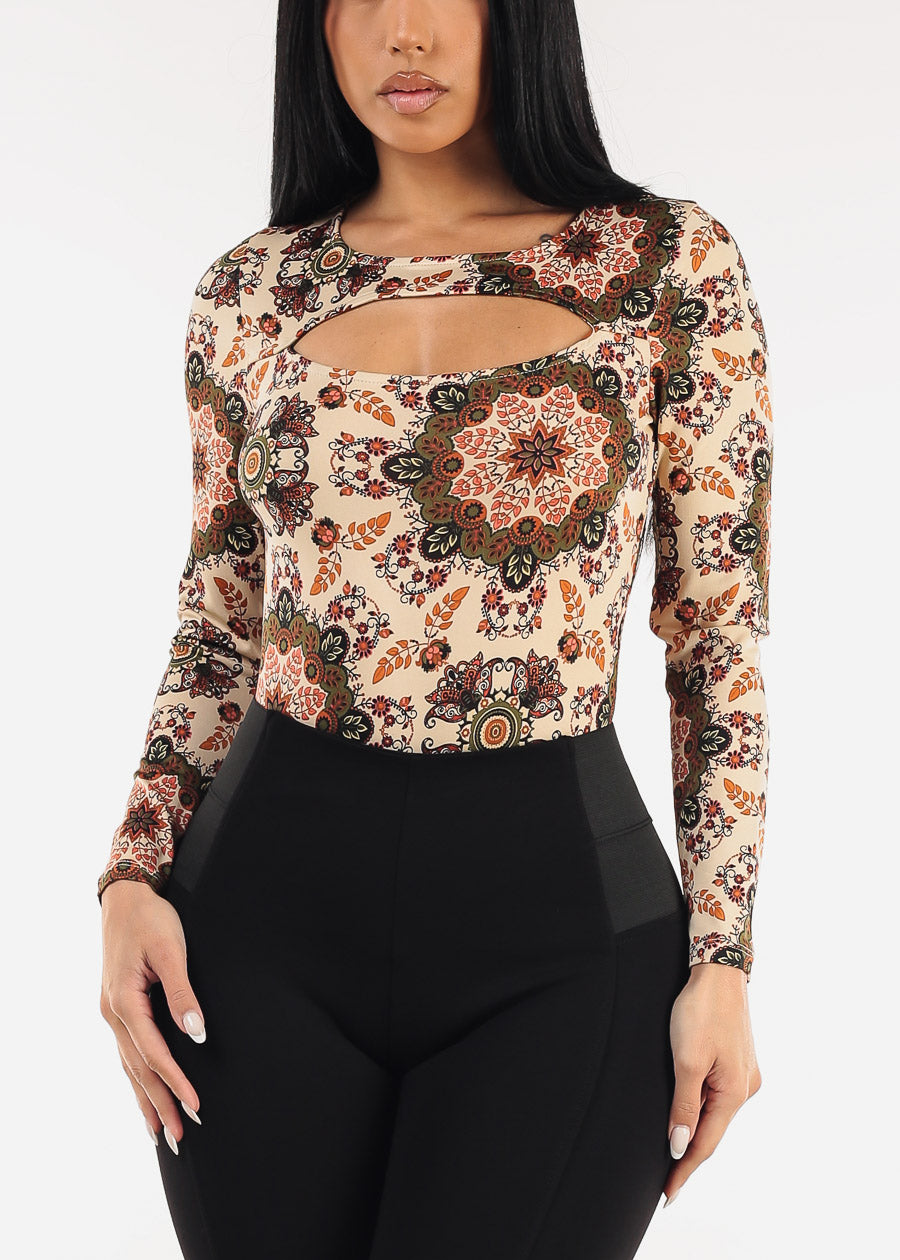 Long Sleeve Floral Stretch Thong Bodysuit Khaki