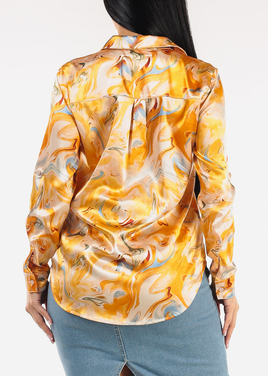 Long Sleeve Stretch Satin Collared Blouse Orange