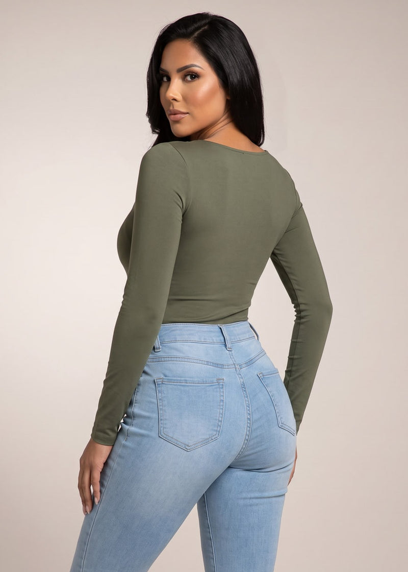 Long Sleeve Scoop Neck Stretch Top Olive