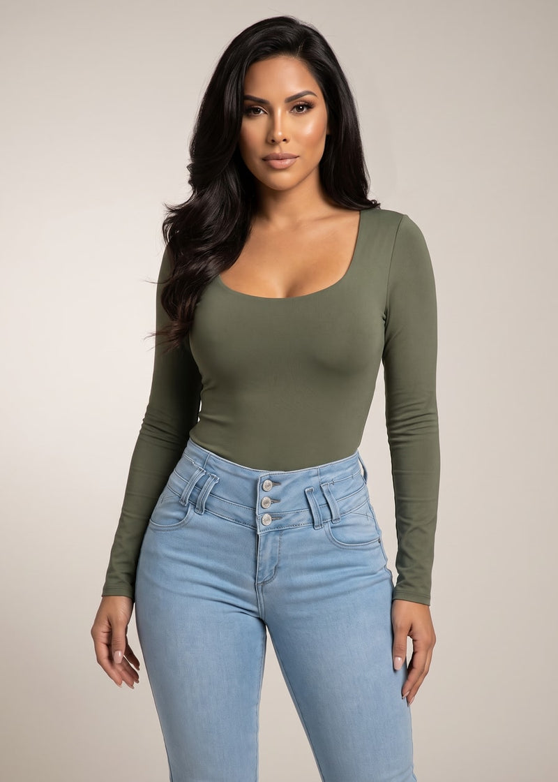 Long Sleeve Scoop Neck Stretch Top Olive