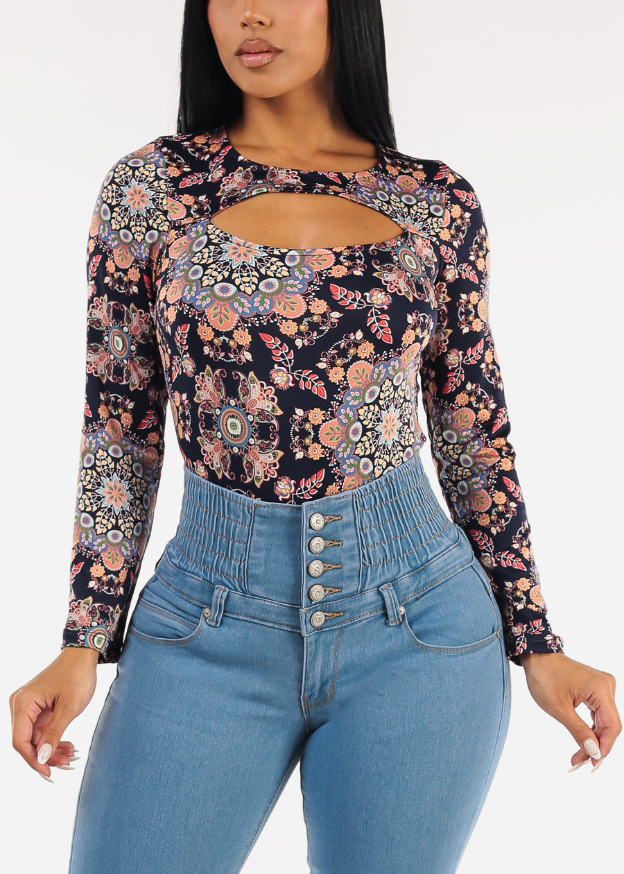 Long Sleeve Floral Stretch Thong Bodysuit Navy