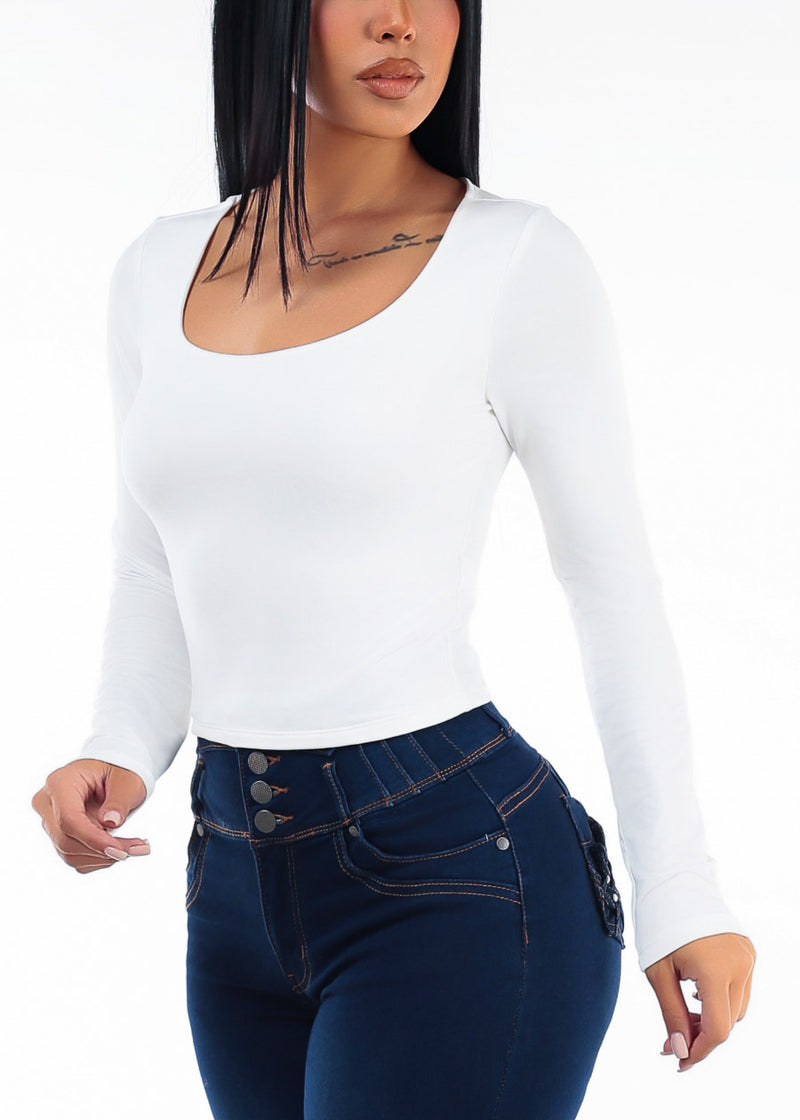 Long Sleeve Scoop Neck Stretch Top White
