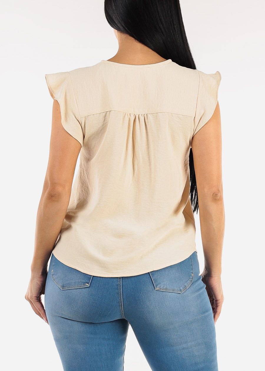 Short Sleeve Vneck Blouse Beige