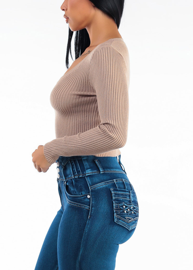 Long Sleeve Scoop Neck Ribbed Cropped Sweater Khaki
