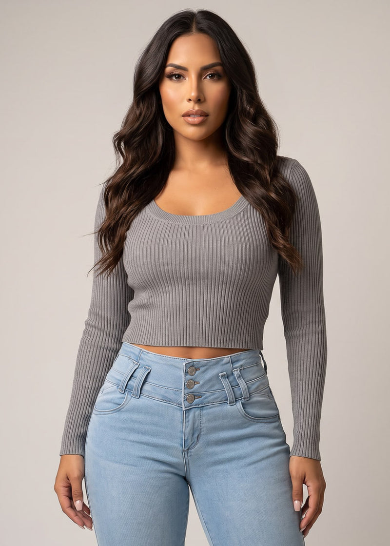 Long Sleeve Scoop Neck Ribbed Cropped Sweater Grey
