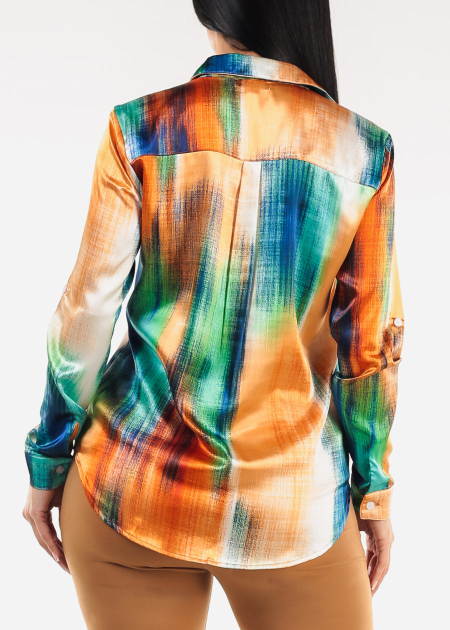 Satin Long Sleeve Button Up Abstract Print Blouse Navy & Orange