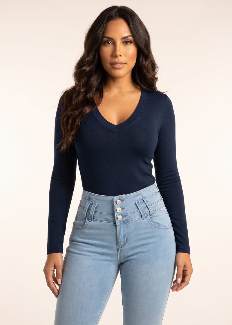 Long Sleeve Vneck Stretch Top Heather Navy