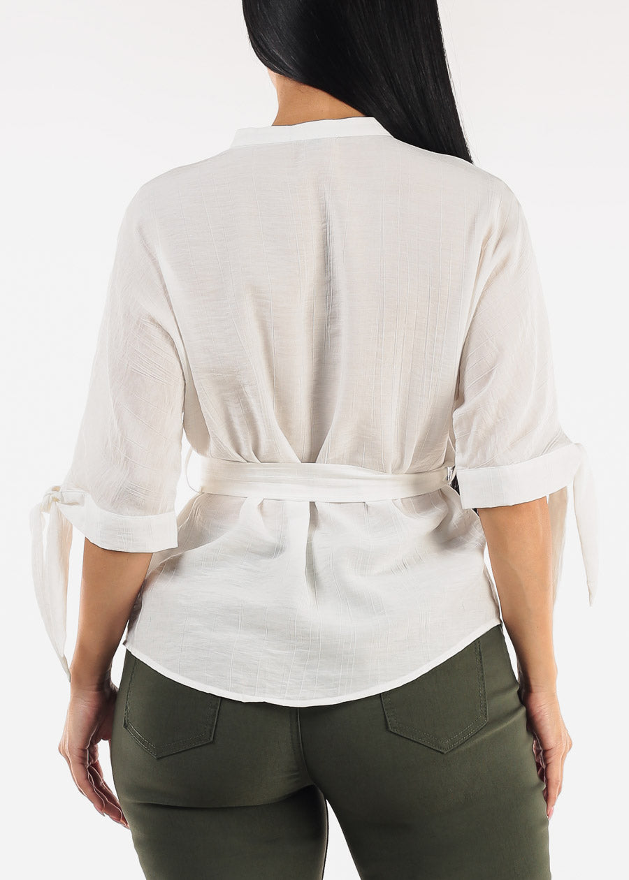 Belted Short Sleeve Button Up Blouse White