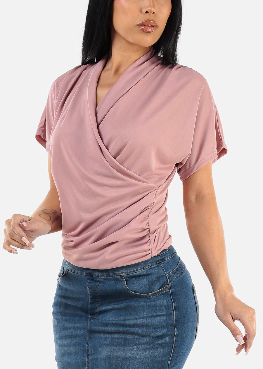 Short Dolman Sleeve Surplice Blouse Rose