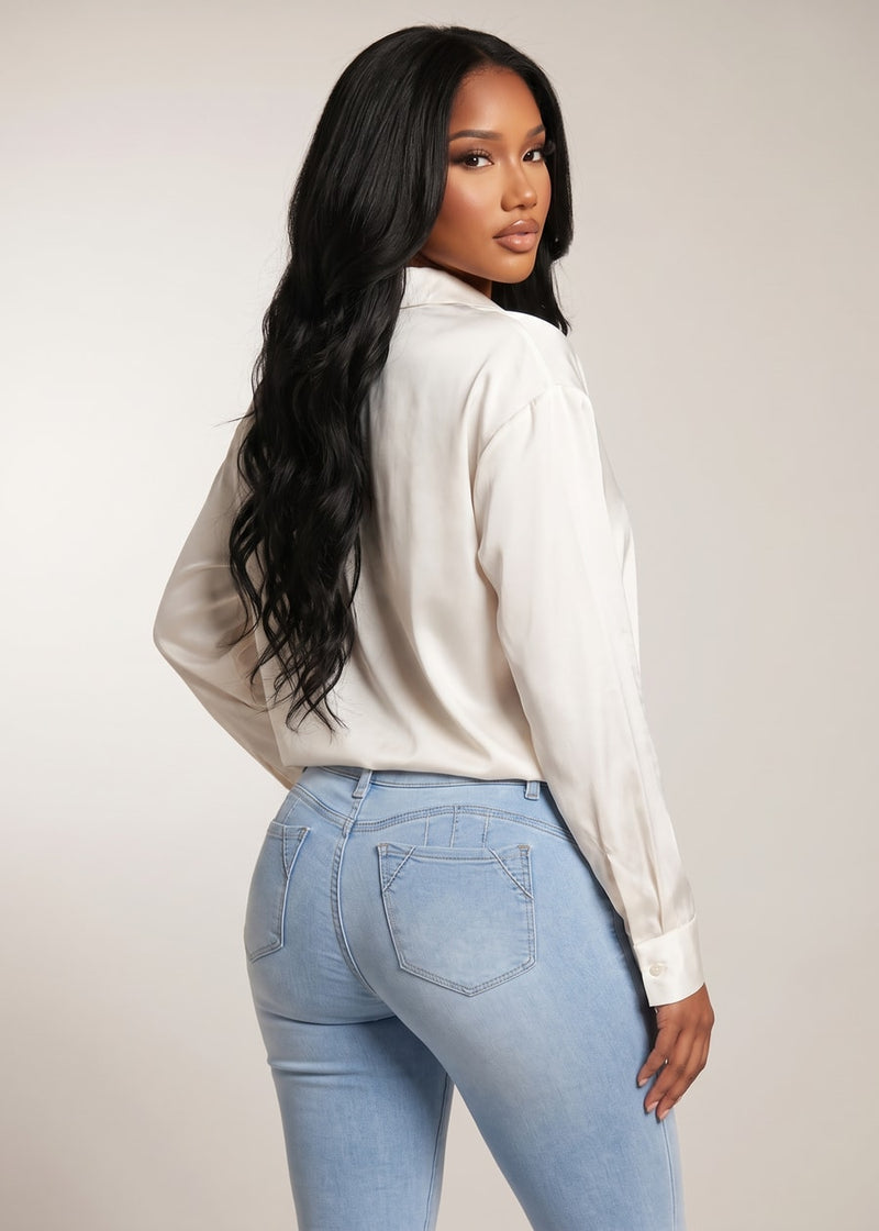Long Sleeve Button Down Satin Collared Blouse Ivory
