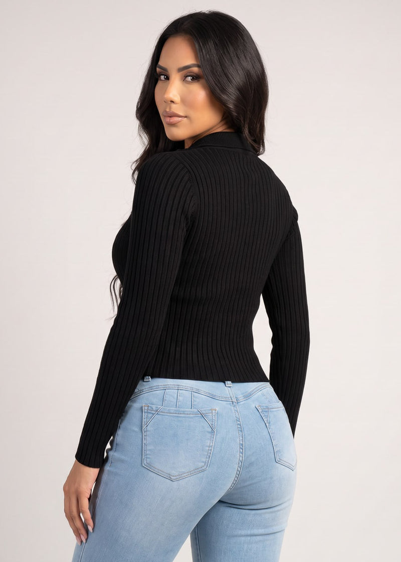 Long Sleeve Half Zip Up Ribbed Sweater Top Black