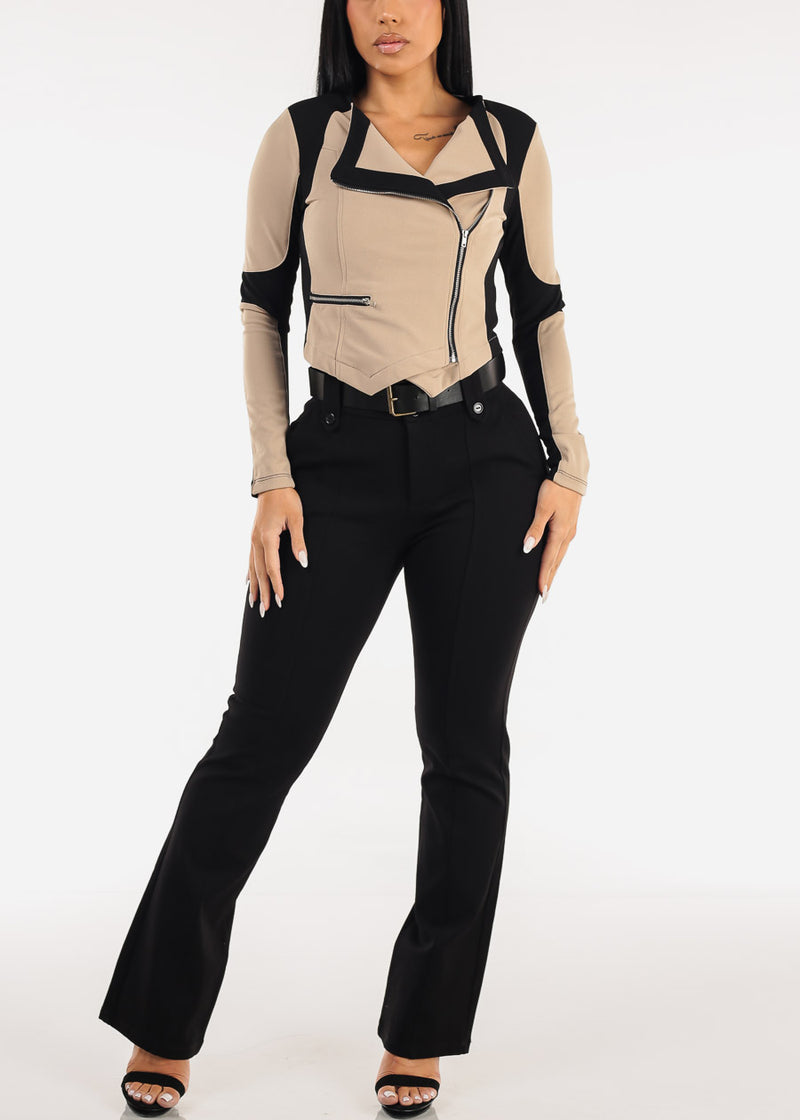 Stretch Long Sleeve Zip Up Colorblock Crop Jacket Black & Khaki
