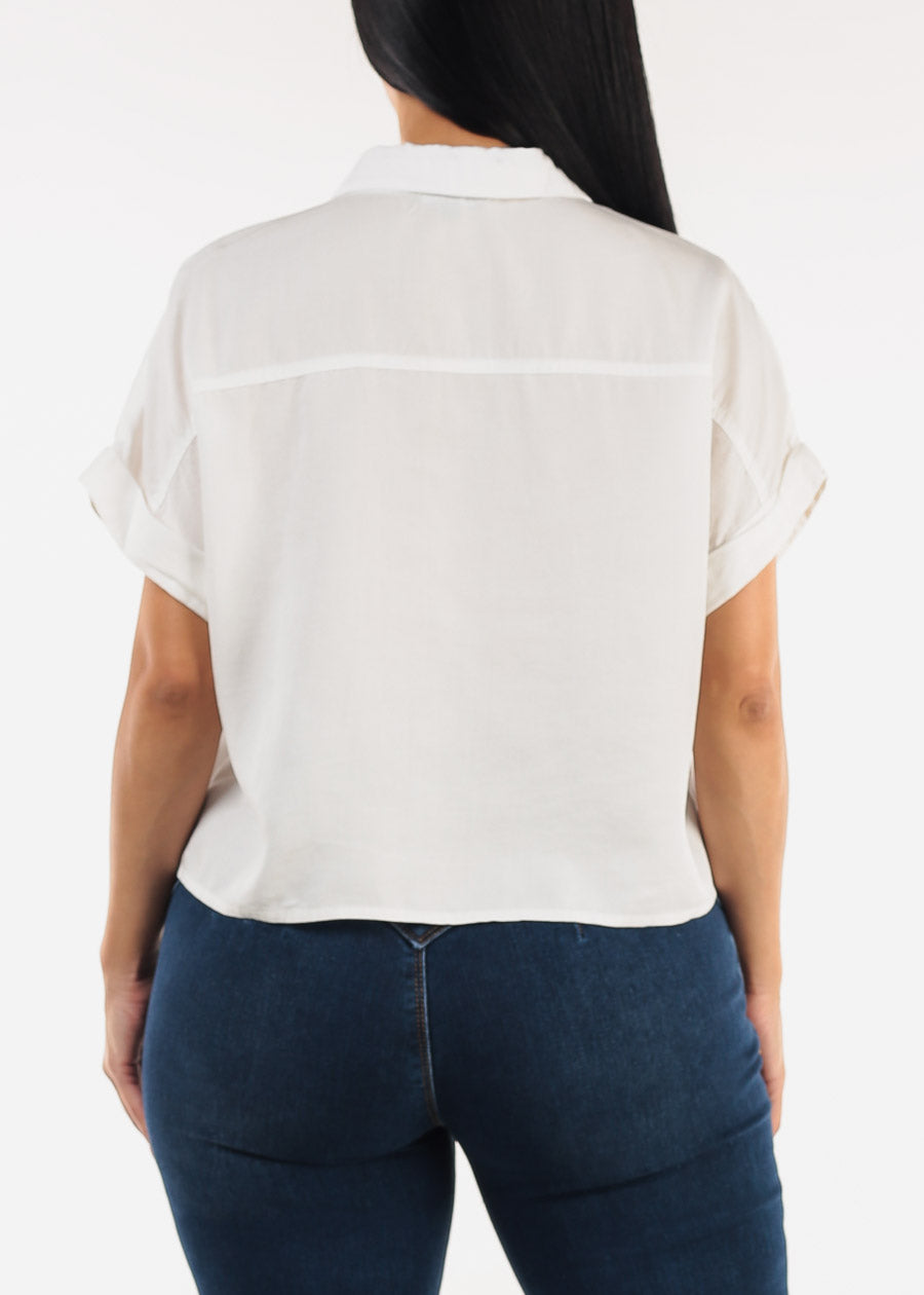 Short Sleeve Button Up White Flowy Shirt