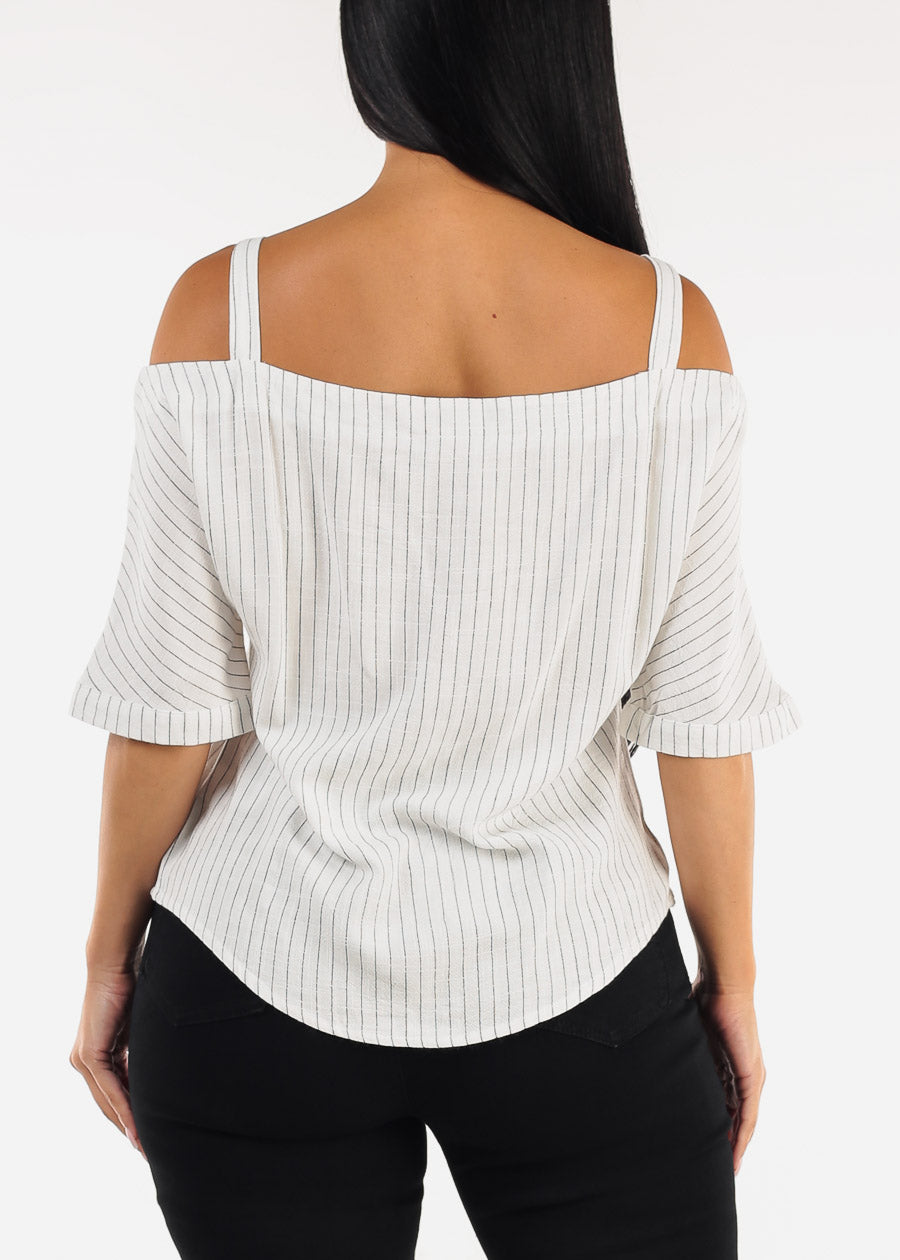 Cold Shoulder White Linen Stripe Blouse