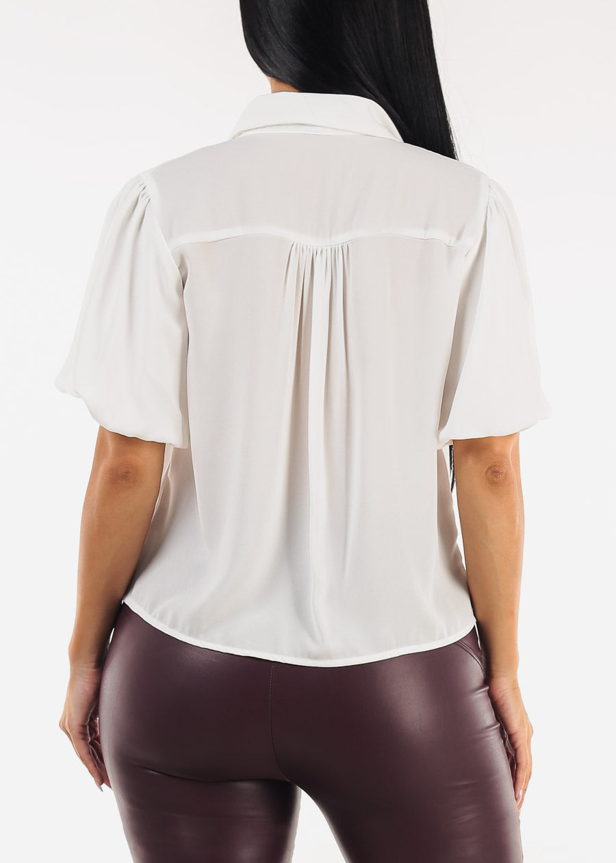 Puff Short Sleeve White Button Up Blouse