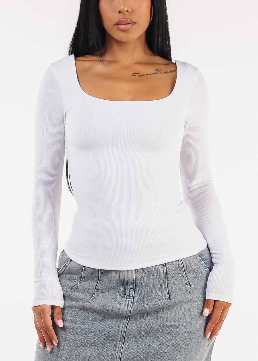 Stretchy Long Sleeve Square Neck Ribbed Top White