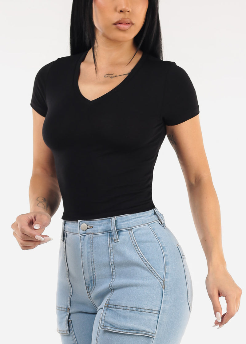 Stretch Short Sleeve Vneck Crop Top Black