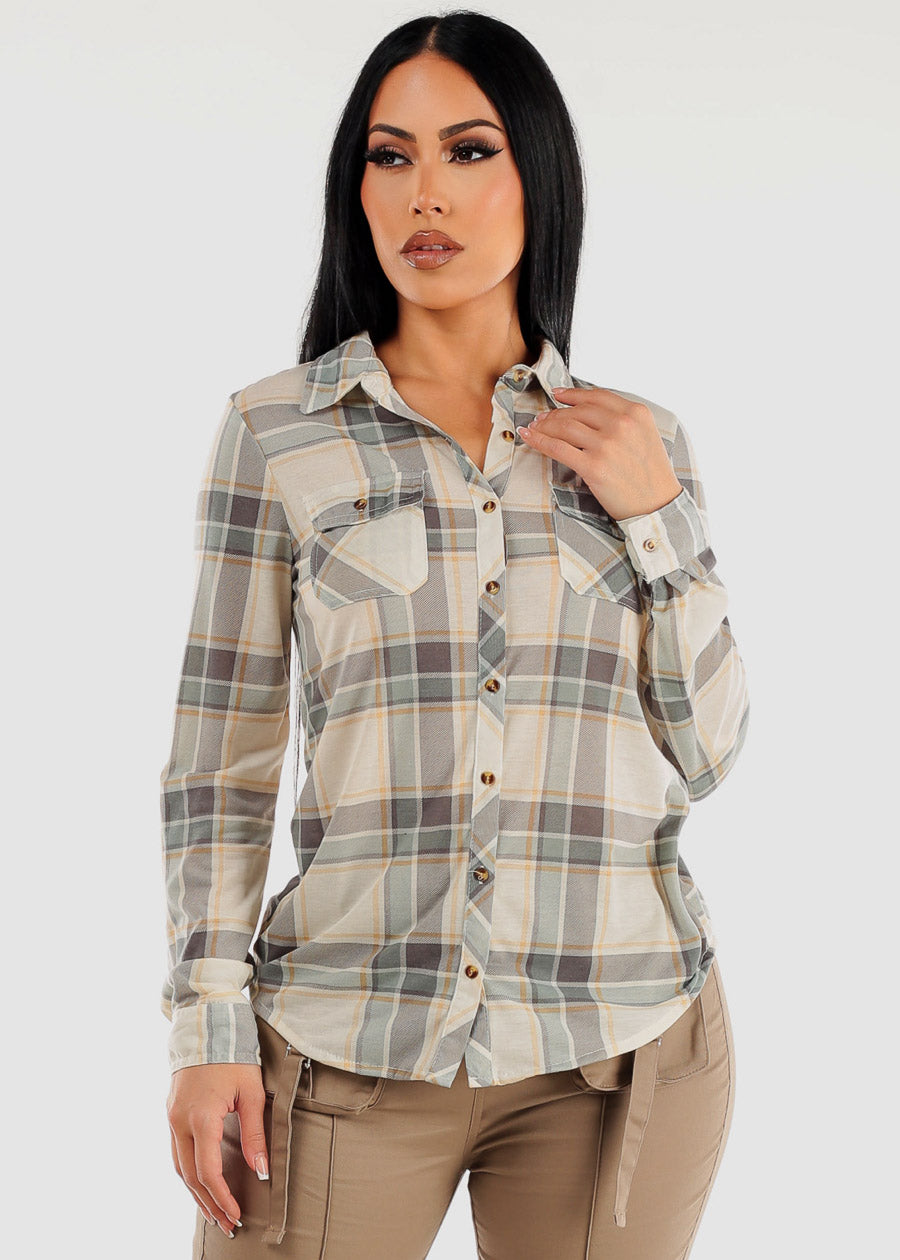 Long Sleeve Button Up Plaid Shirt Ivory & Sage