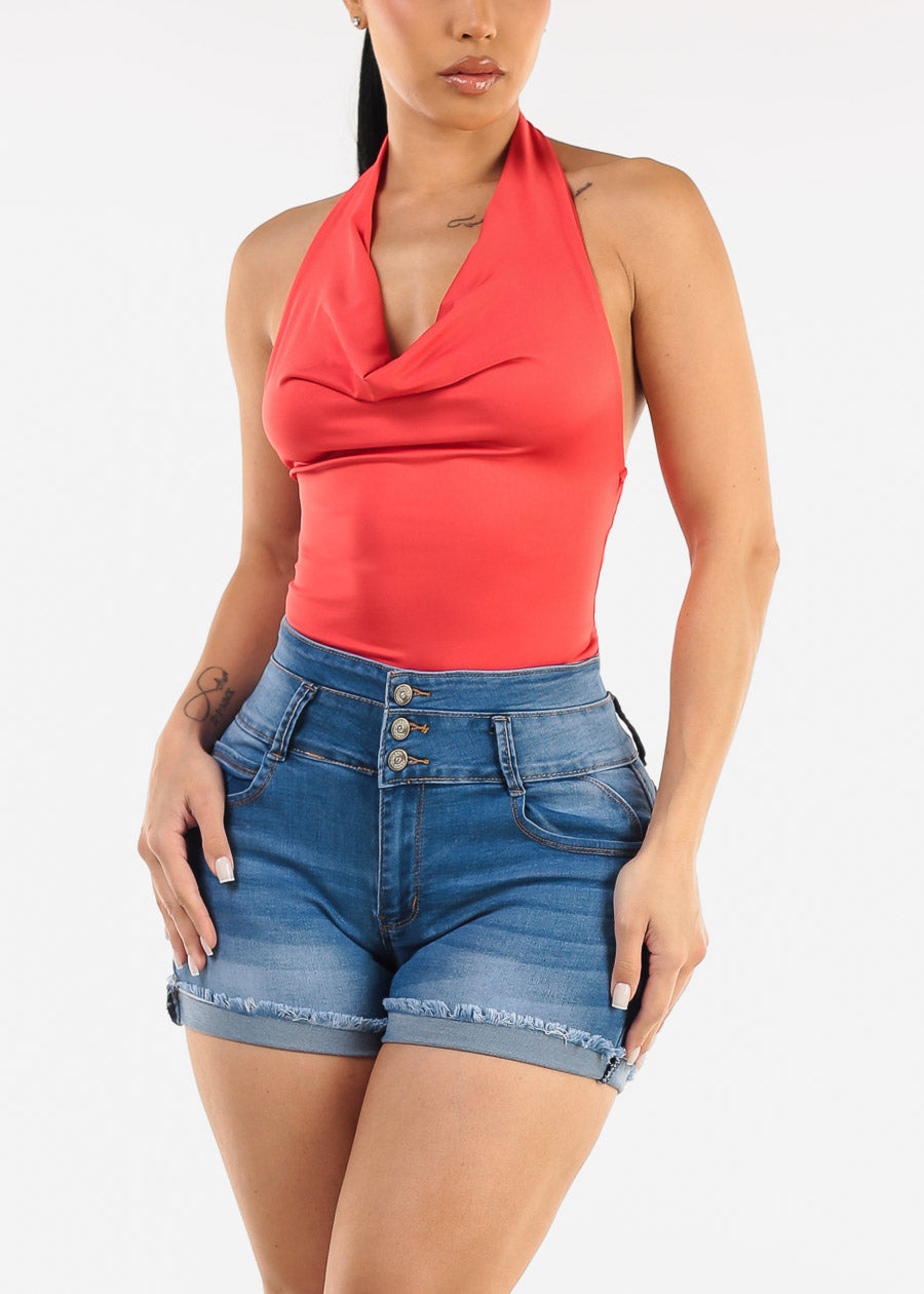Halter Open Back Cowl Neck Bodysuit Red Orange