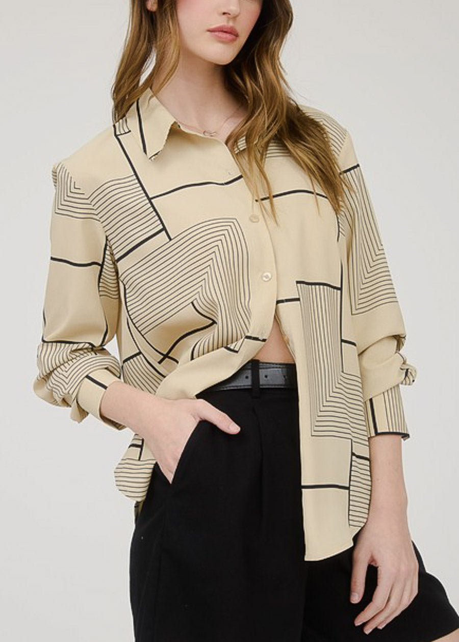 Long Sleeve Button Up Printed Collared Blouse Khaki