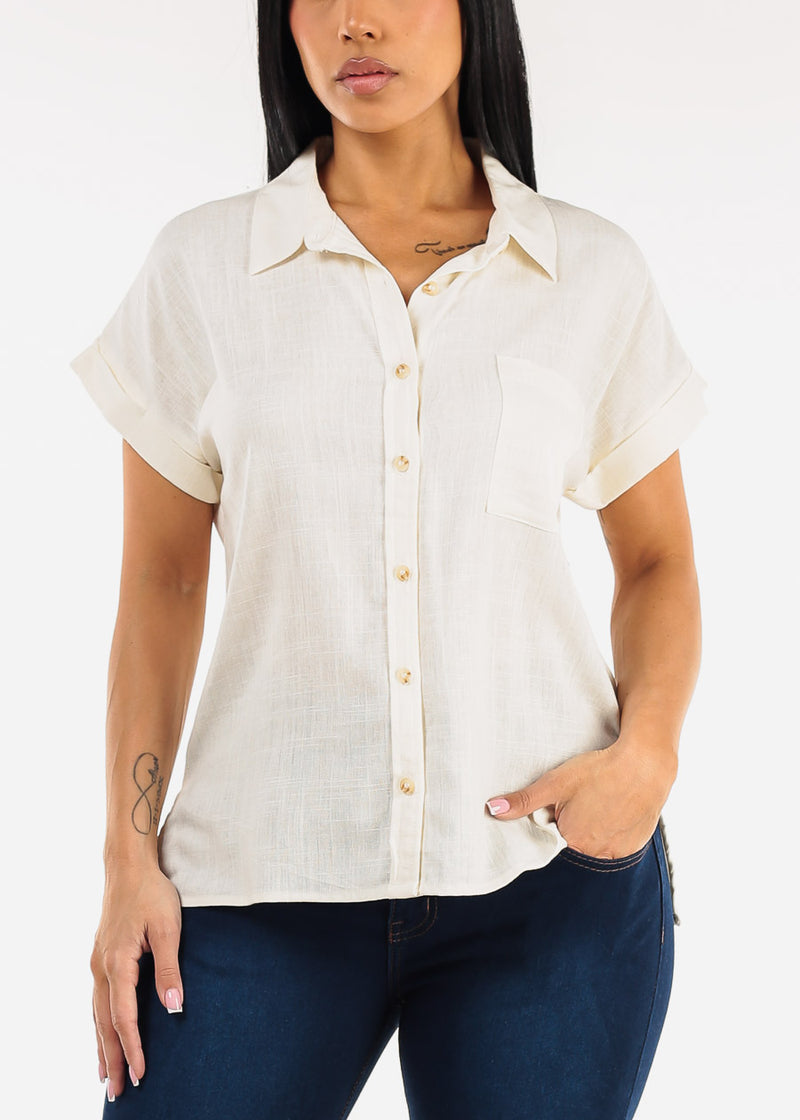 Short Sleeve Button Down Collared Blouse Off White