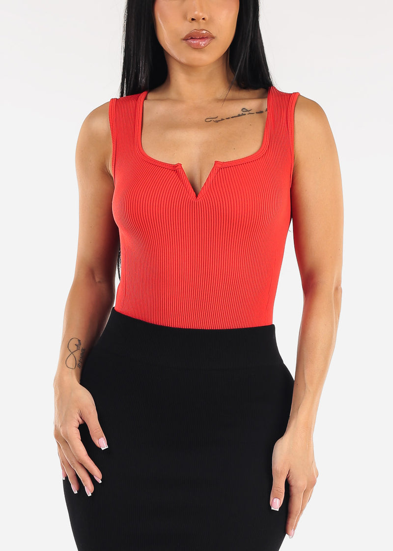Sleeveless Stretch Ribbed Thong Bodysuit Red