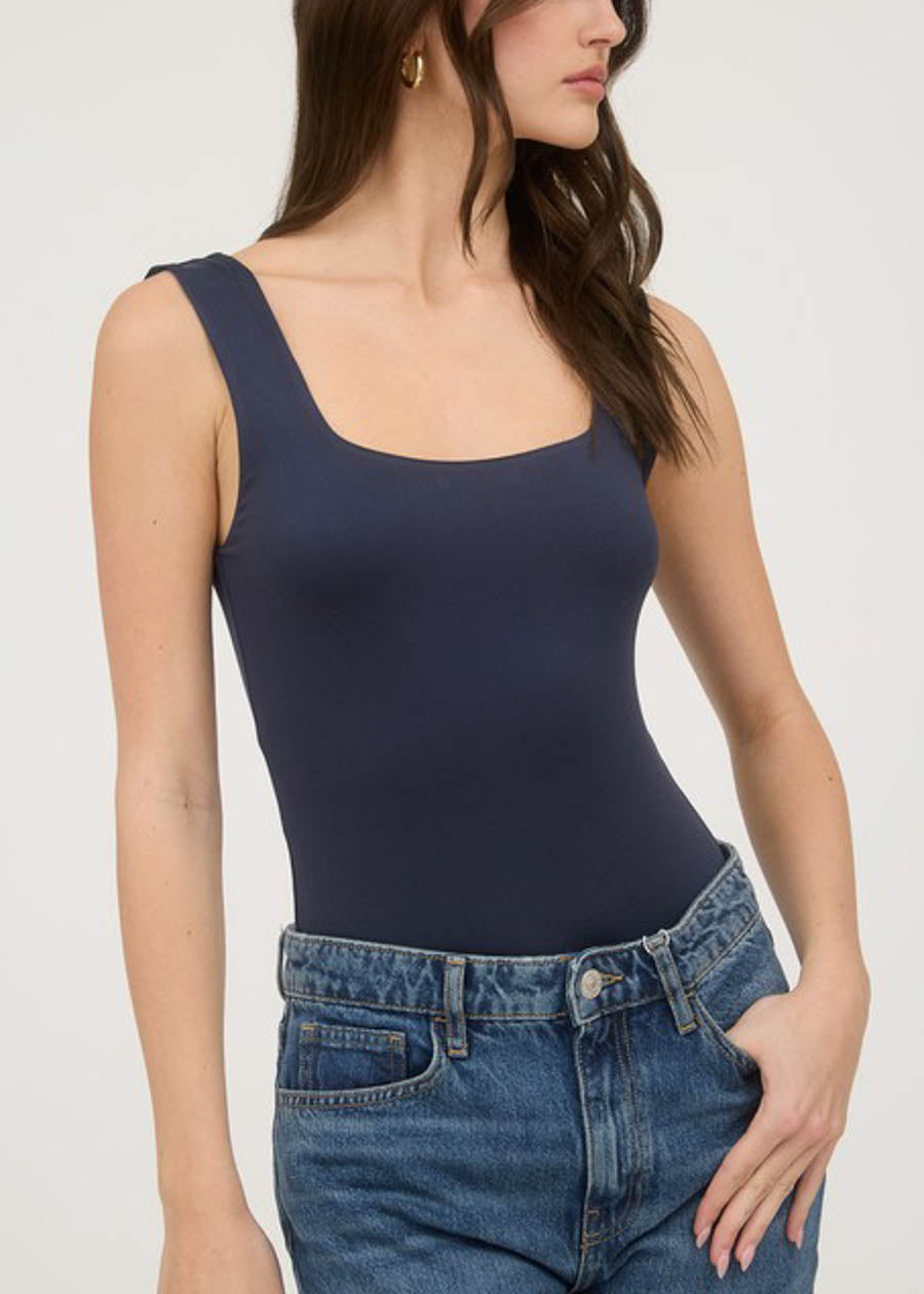 Stretchy Sleeveless Square Neck Thong Bodysuit Navy