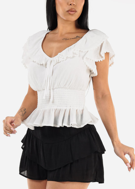 White Short Sleeve Ruffled Top w Shirred Waist