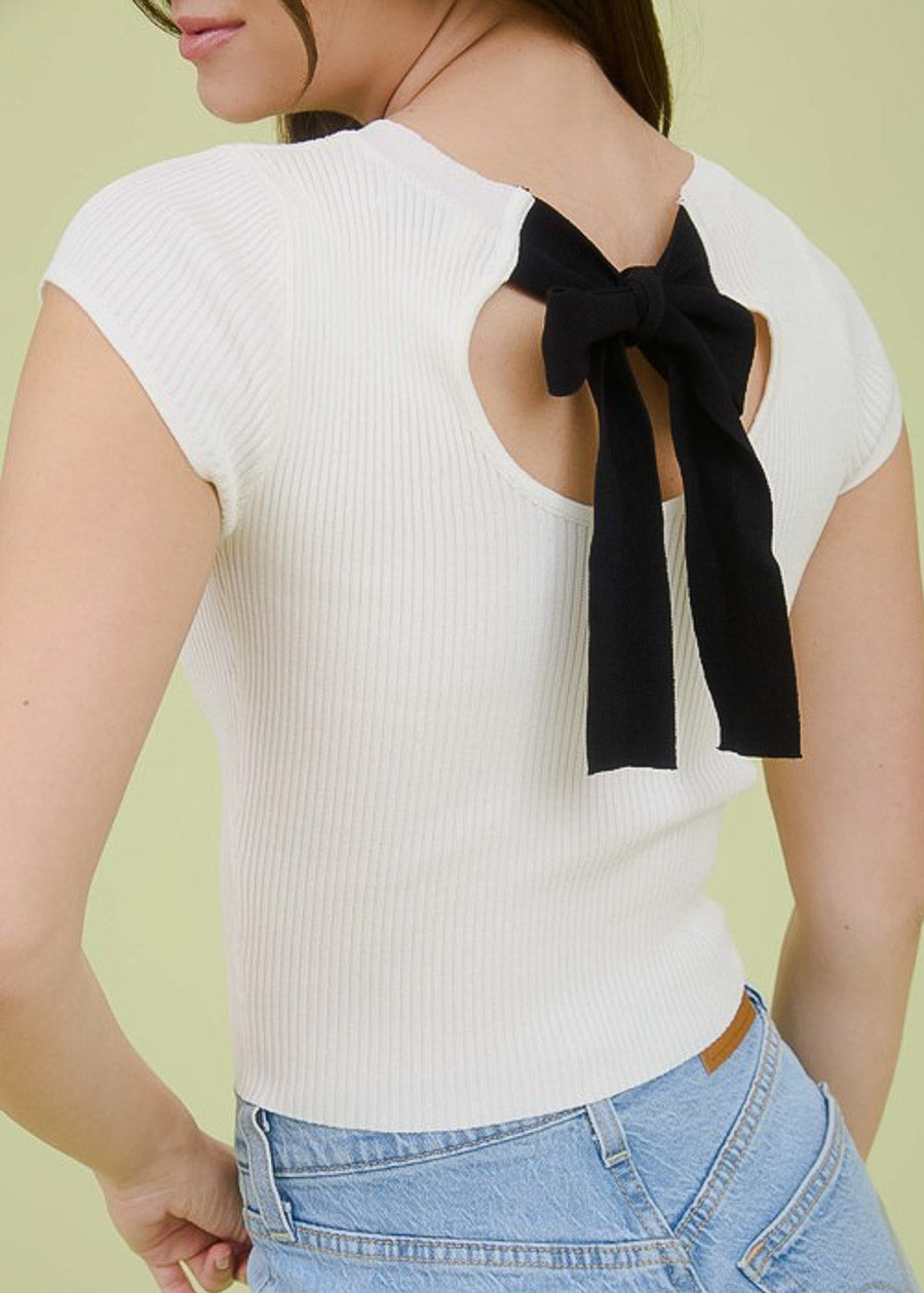 Short Sleeve Knit Crop Top Cream w Back Tie