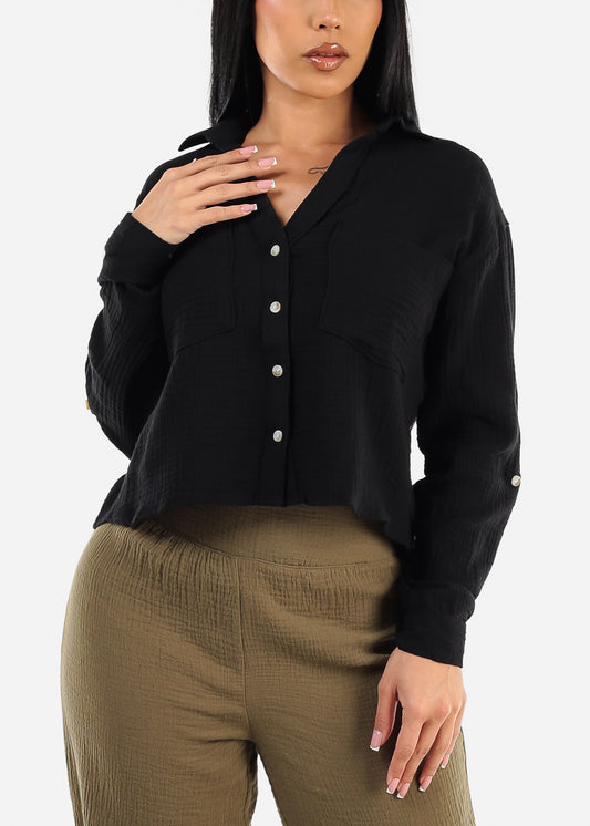 Long Sleeve Button Up Cropped Cotton Shirt Black