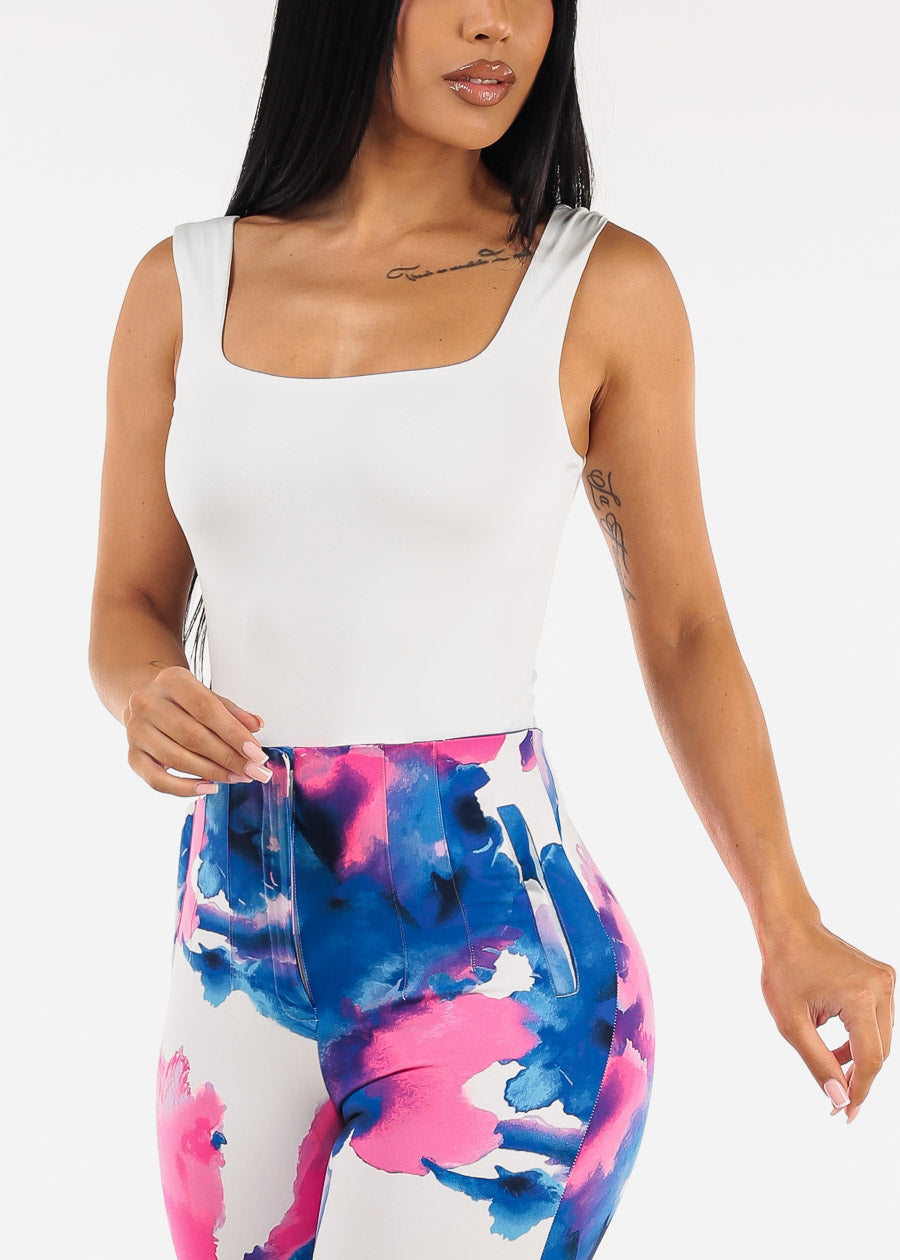 Stretchy Sleeveless Square Neck Thong Bodysuit White