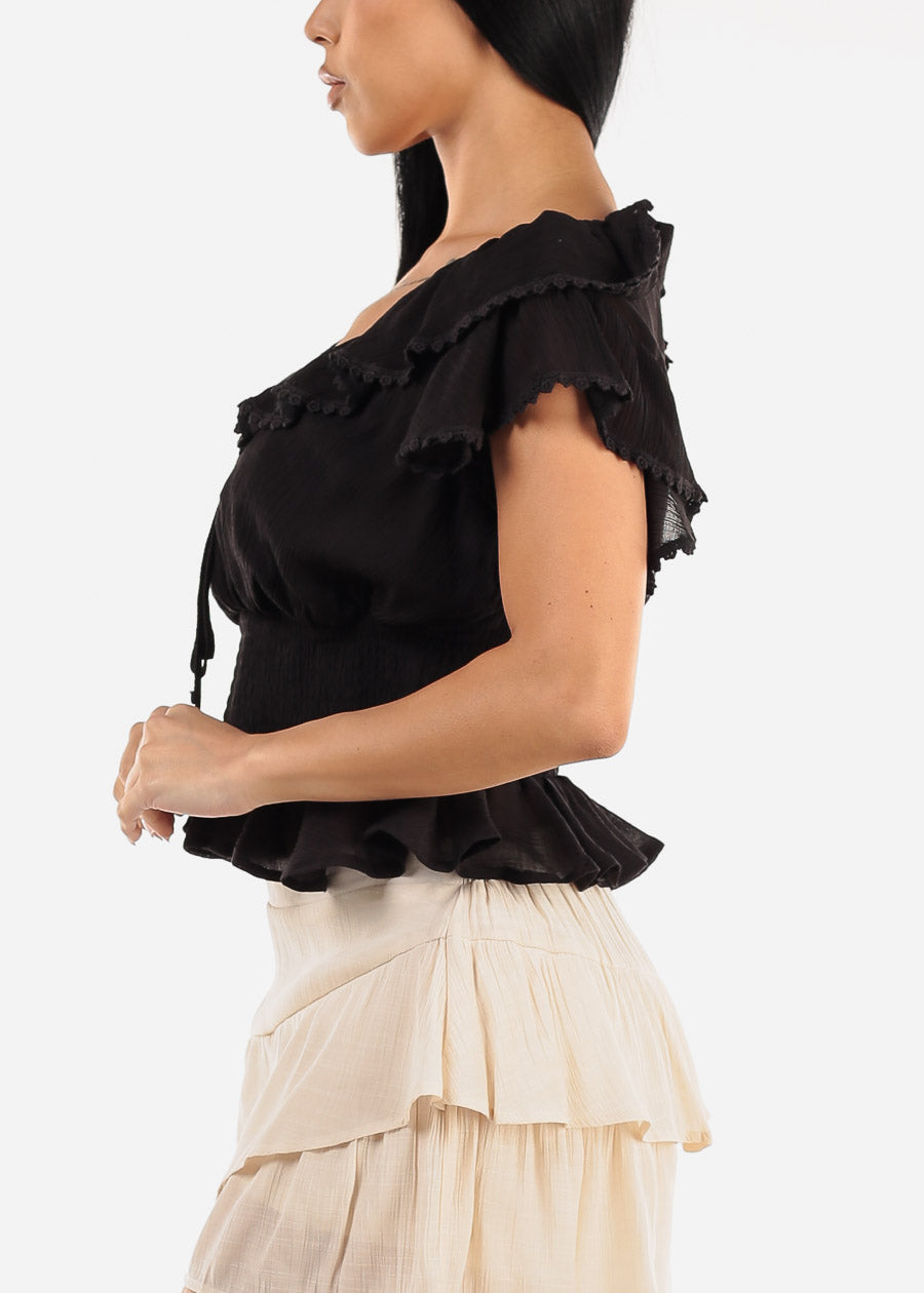 Black Short Sleeve Ruffled Top w Shirred Waist