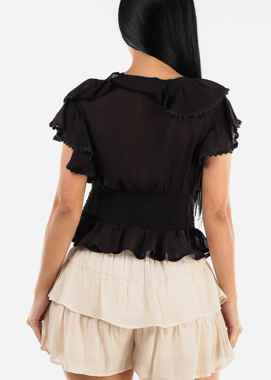 Black Short Sleeve Ruffled Top w Shirred Waist