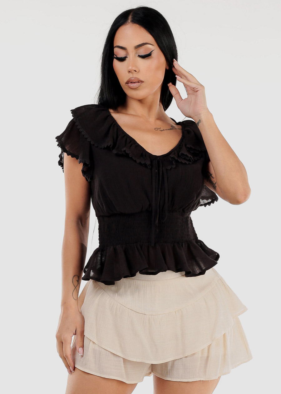 Black Short Sleeve Ruffled Top w Shirred Waist