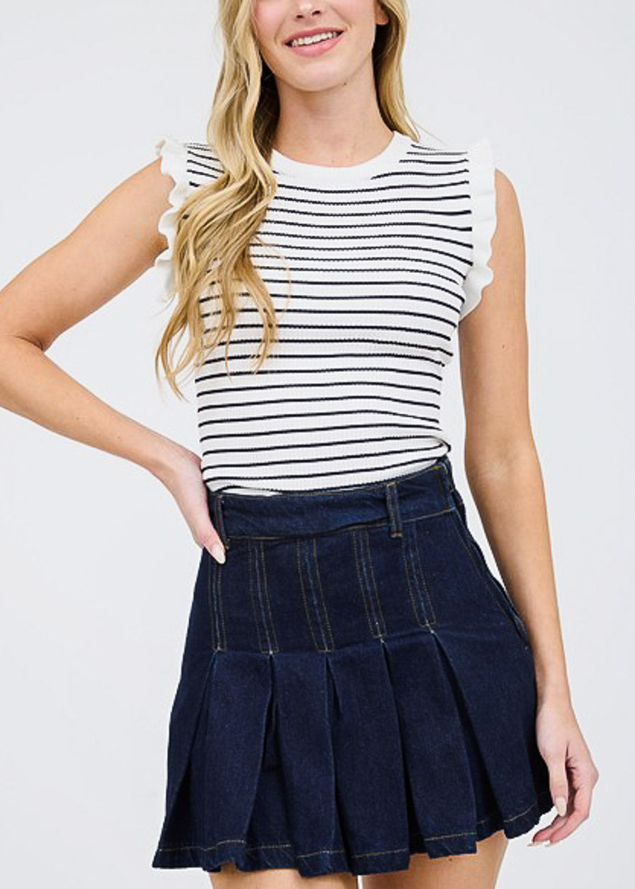 Ruffle Sleeves Stripe Stretch Sweater Ivory