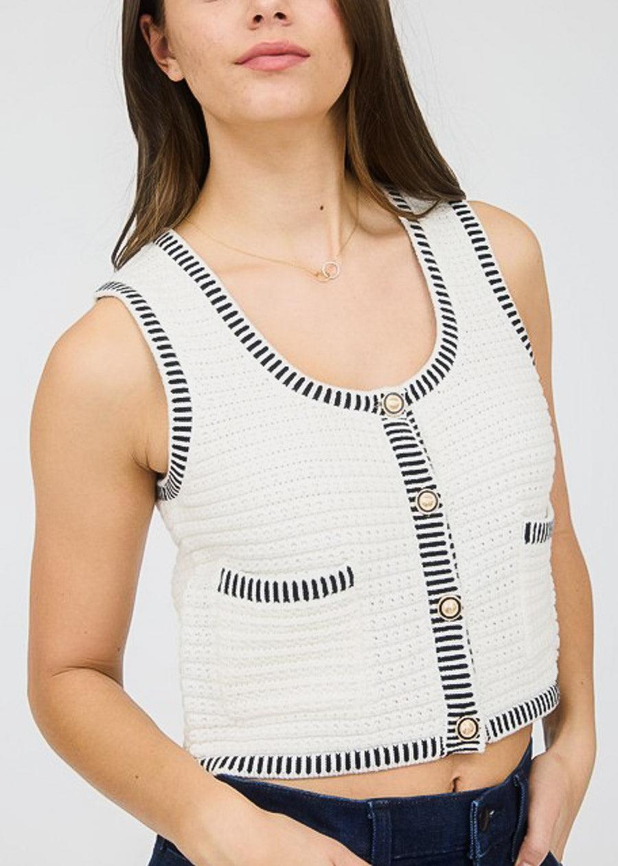 White Sleeveless Cropped Sweater Vest w Stripe Trim