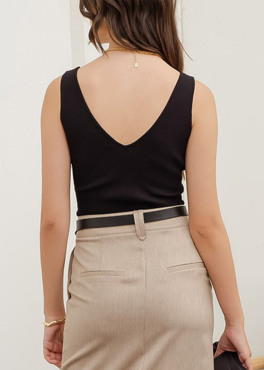 Stretchy Sleeveless Vneck Ribbed Top Black