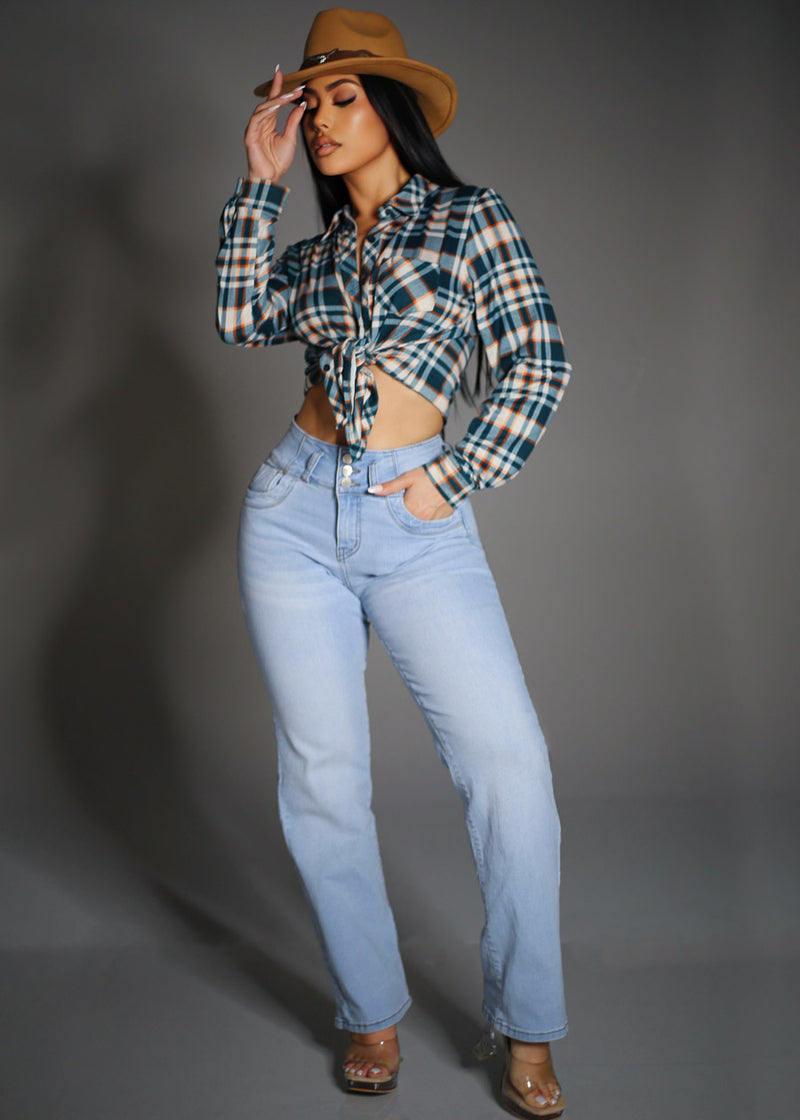 Stretch Long Sleeve Plaid Button Up Collared Blouse Teal