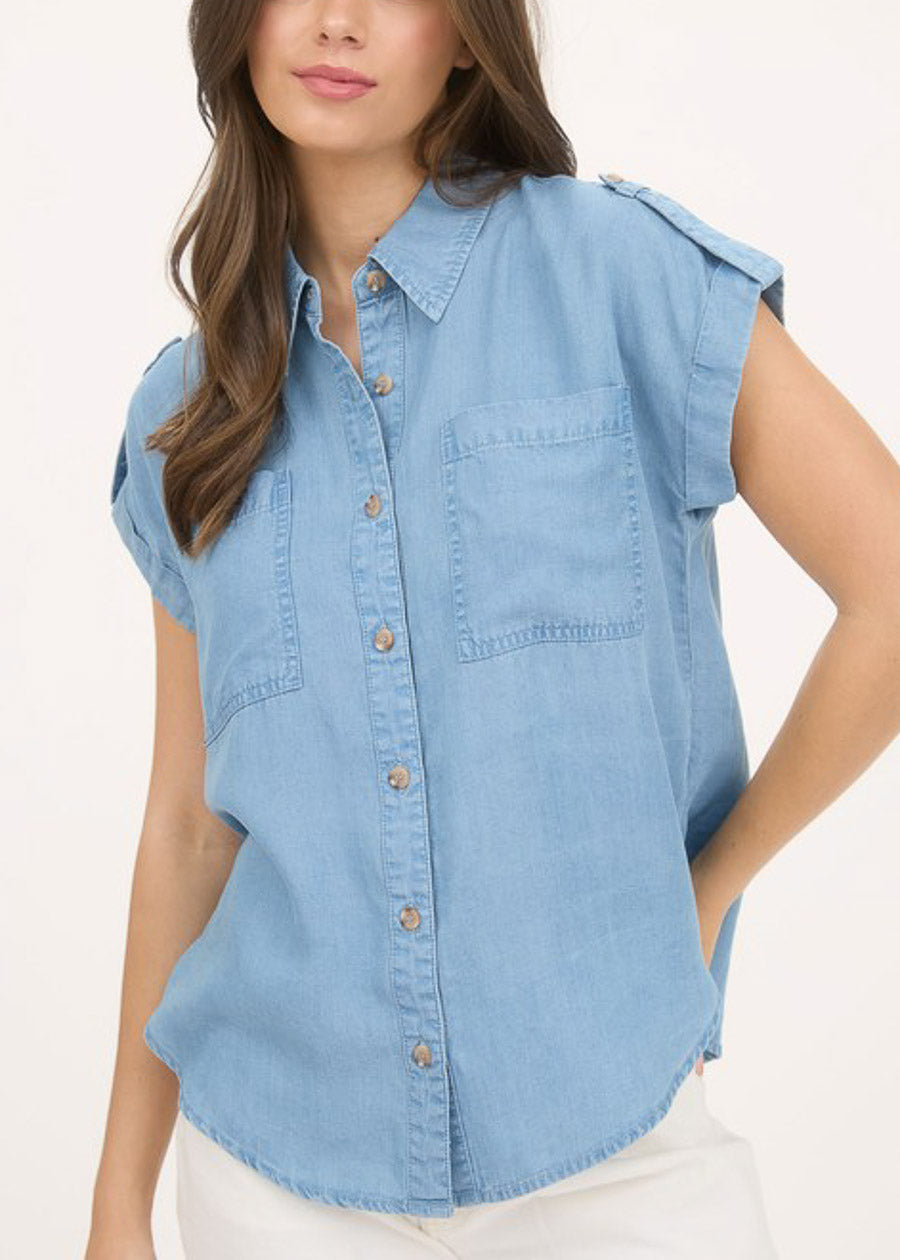 Short Sleeve Button Up Lightweight Denim Blouse Blue