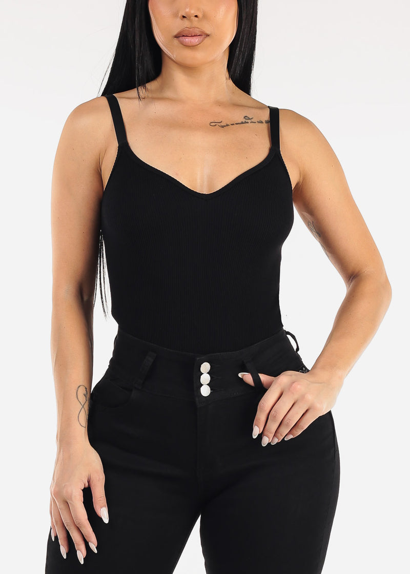 Stretch Sleeveless Vneck Ribbed Bodysuit Black