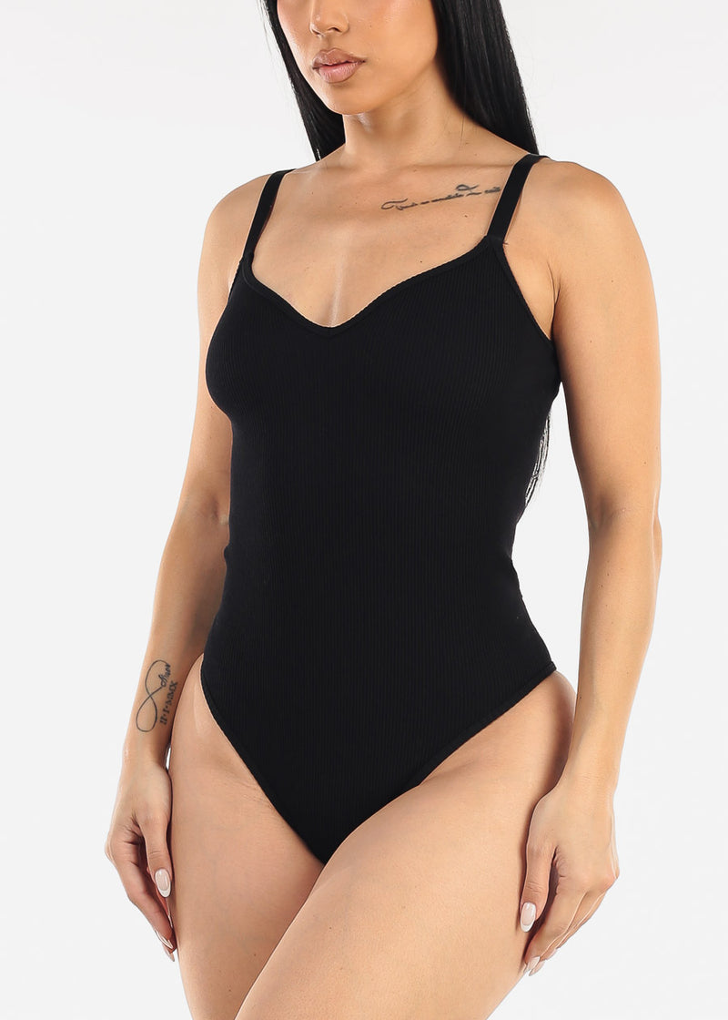 Stretch Sleeveless Vneck Ribbed Bodysuit Black