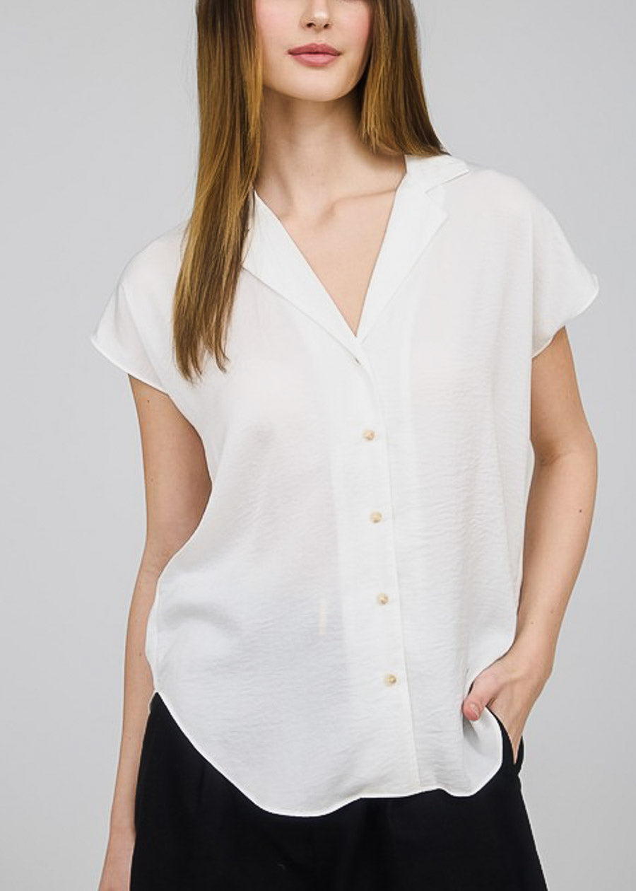 Short Sleeve Round Hem Button Up Blouse Ivory