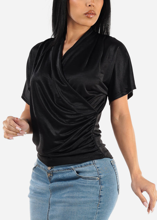 Black Short Dolman Sleeve Surplice Blouse